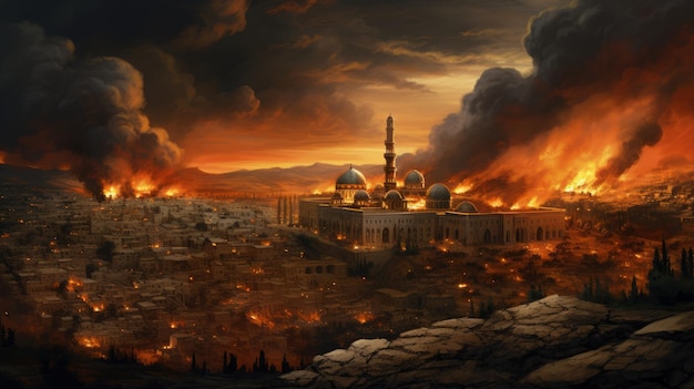 火災の際の市の真ん中のモスク