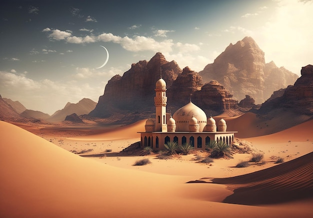 mosque in middle of dune desert ramadan vector illustration