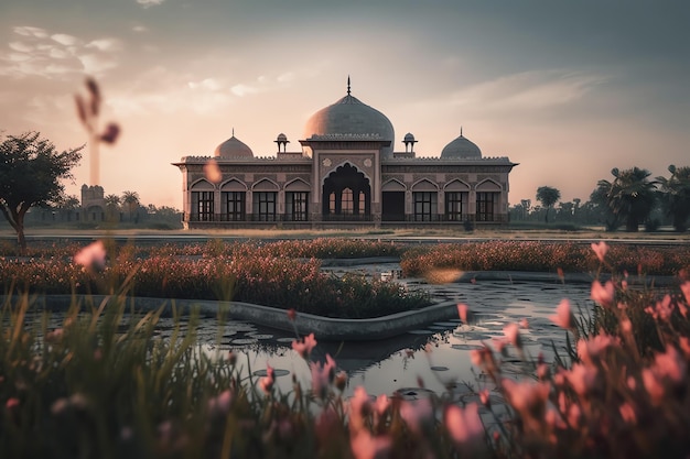 A mosque in the middle of a field of flowers