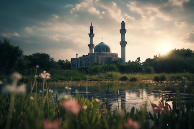 A mosque in the middle of a field of flowers