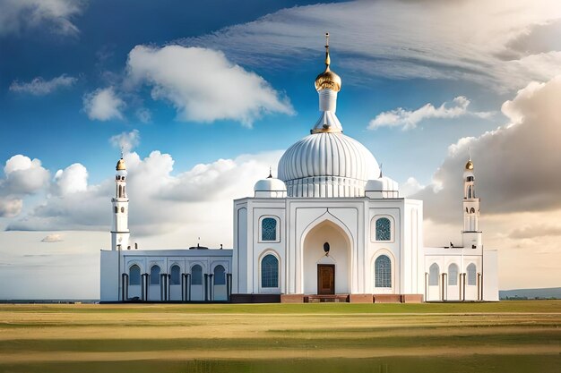 a mosque in the middle of a field of grass.