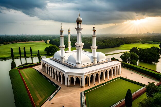 A mosque in the middle of a field with the sun shining through the clouds