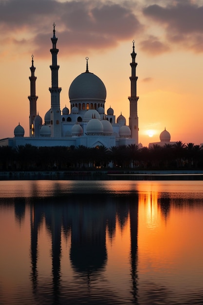 A mosque in the middle of the lake at sunset