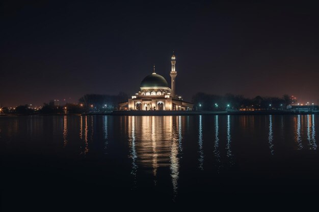 A mosque in the middle of a lake with lights on