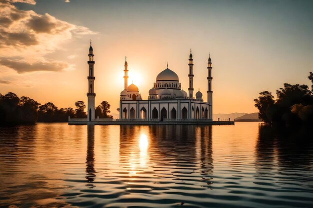 A mosque in the middle of a lake with the sun setting behind it