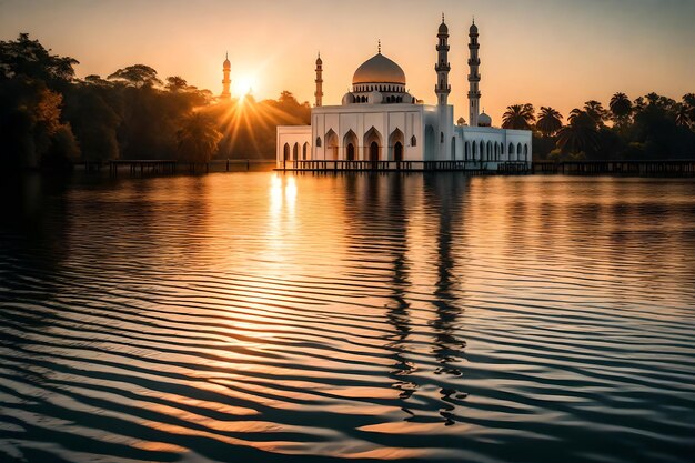 A mosque in the middle of a lake with the sun setting behind it