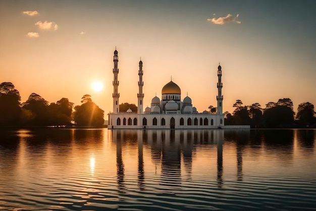 A mosque in the middle of a lake with the sun setting behind it