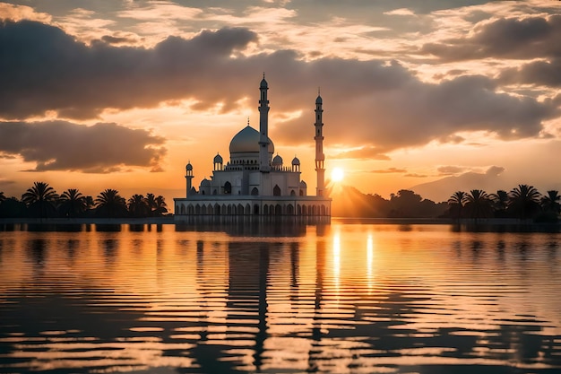 A mosque in the middle of a lake with the sun setting behind it