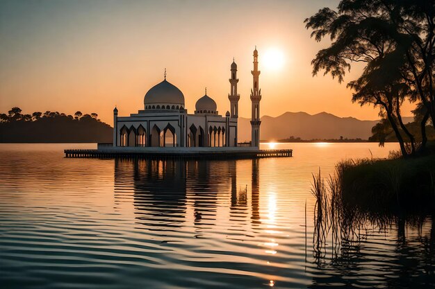 A mosque in the middle of a lake with the sun setting behind it