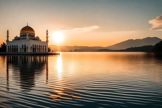 A mosque in the middle of a lake with the sun setting behind it