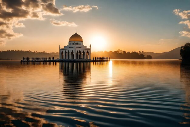 A mosque in the middle of a lake with the sun setting behind it