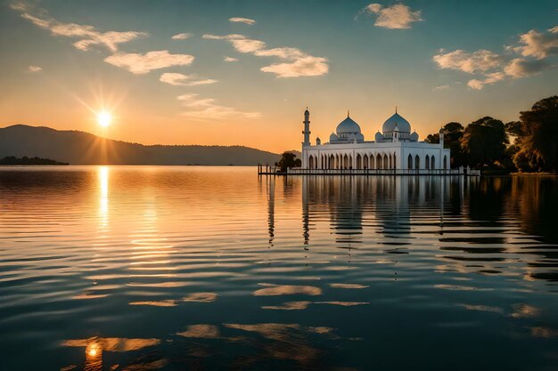 A mosque in the middle of a lake with the sun setting behind it