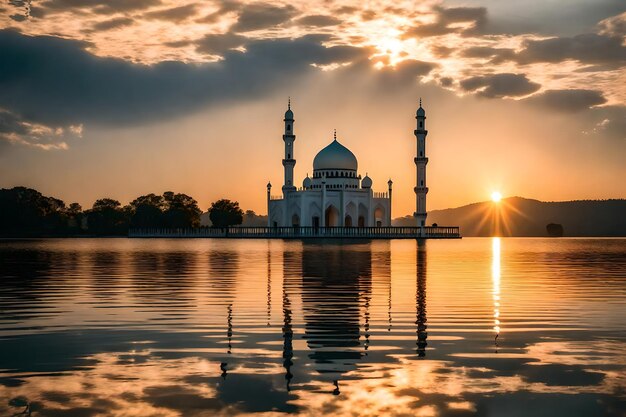 A mosque in the middle of a lake with the sun setting behind it