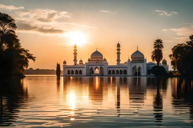 A mosque in the middle of a lake with the sun setting behind it