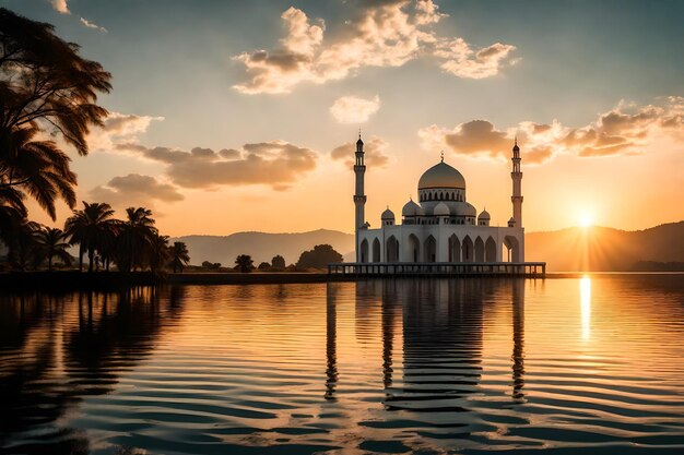 A mosque in the middle of a lake with the sun setting behind it