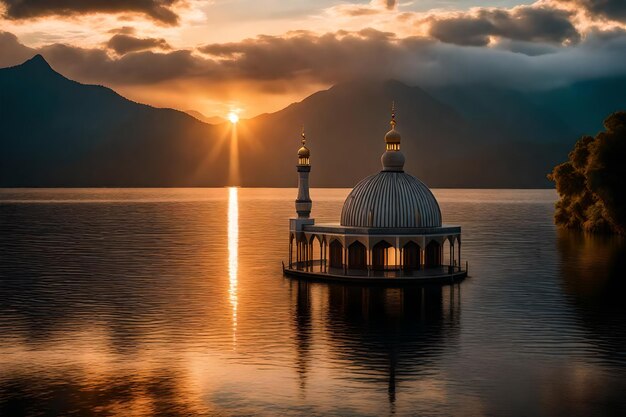 Foto una moschea al centro di un lago con il sole che tramonta dietro di essa