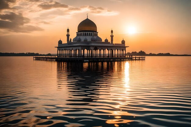 A mosque in the middle of a lake with the sun setting behind it