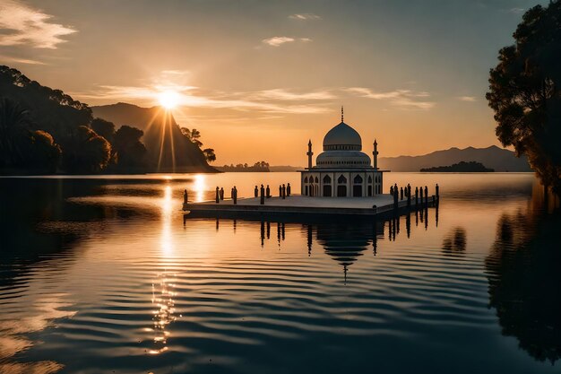 A mosque in the middle of a lake with the sun setting behind it