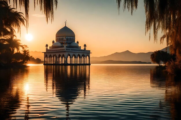 A mosque in the middle of a lake with the sun setting behind it