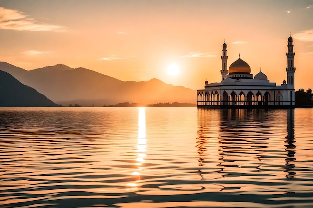 A mosque in the middle of a lake with the sun setting behind it