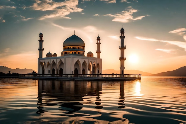 A mosque in the middle of a lake with the sun setting behind it