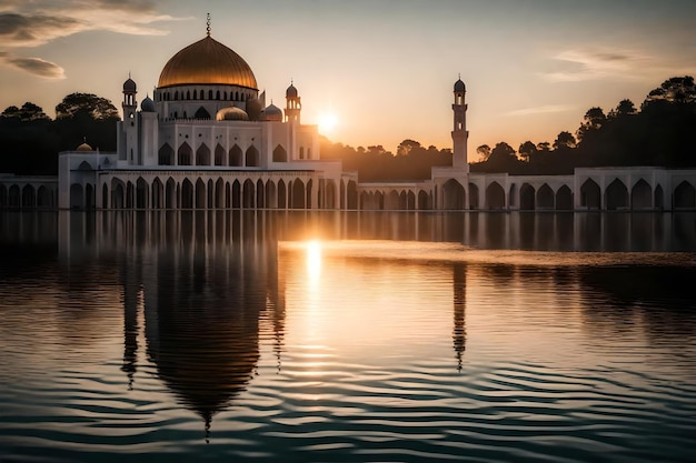 A mosque in the middle of a lake with the sun setting behind it