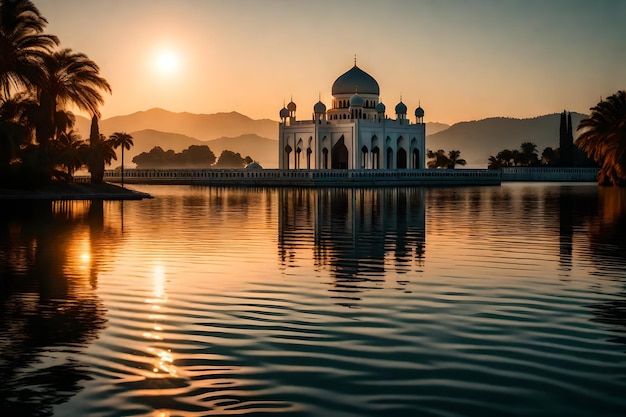 A mosque in the middle of a lake with the sun setting behind it