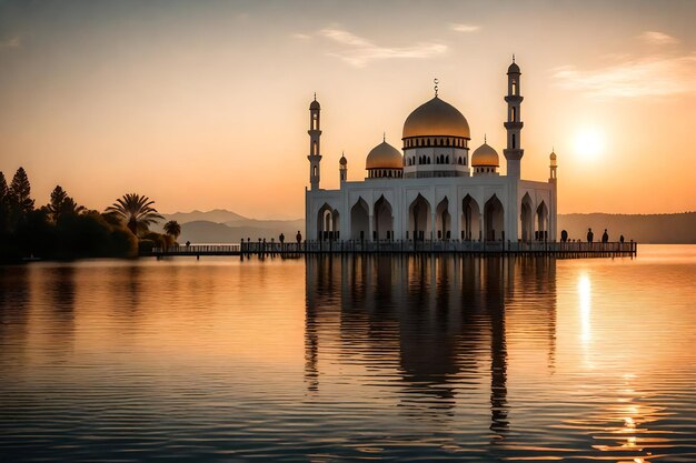 A mosque in the middle of a lake with the sun setting behind it