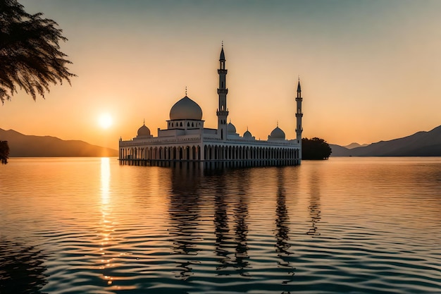 A mosque in the middle of a lake with the sun setting behind it