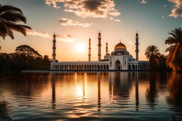 A mosque in the middle of a lake with the sun setting behind it