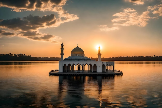 A mosque in the middle of a lake with the sun setting behind it