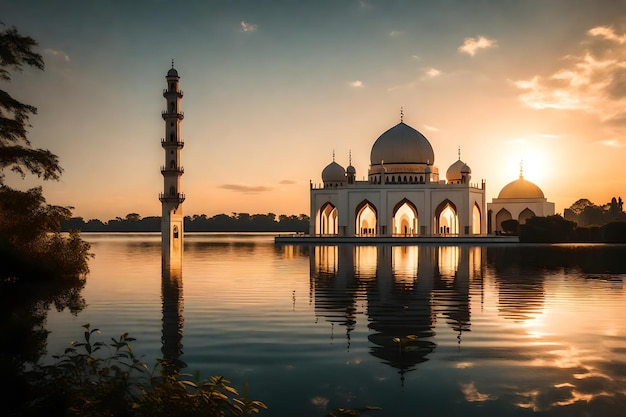 太陽が沈む湖の真ん中にあるモスク