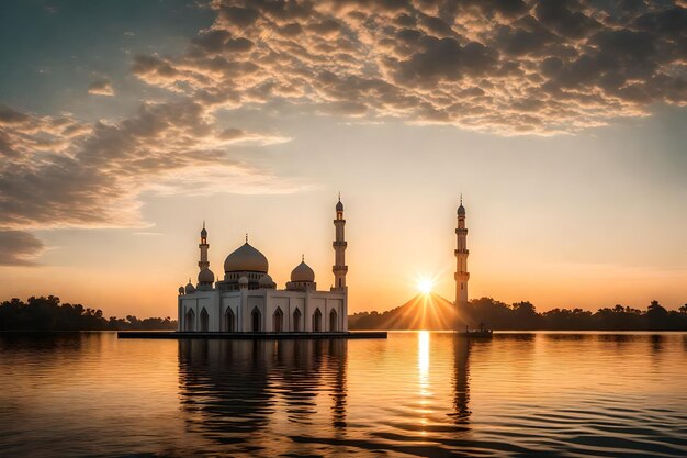 Photo a mosque in the middle of a lake with the sun setting behind it