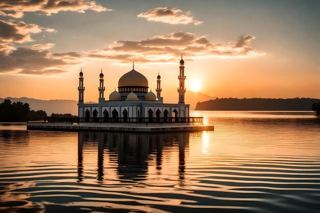 A mosque in the middle of a lake with the sun setting behind it