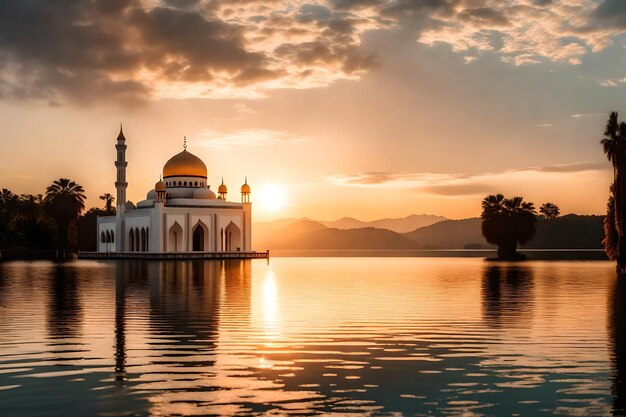 A mosque in the middle of a lake with the sun setting behind it