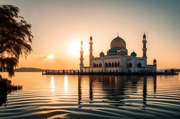 Photo a mosque in the middle of a lake with the sun setting behind it