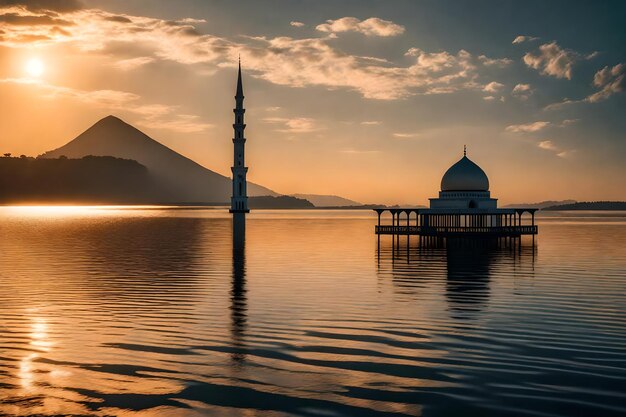 A mosque in the middle of a lake with the sun setting behind it