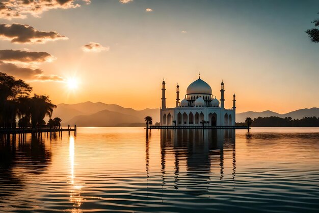 Photo a mosque in the middle of a lake with the sun setting behind it