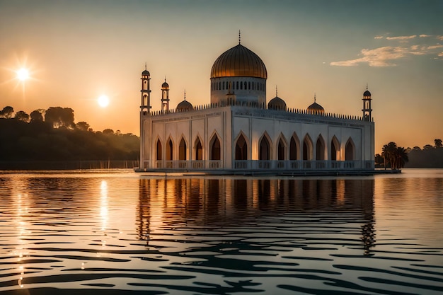 Photo a mosque in the middle of a lake with the sun setting behind it