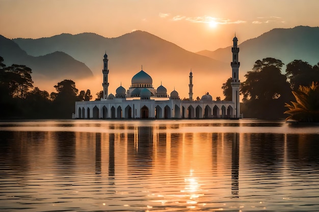 A mosque in the middle of a lake with the sun setting behind it