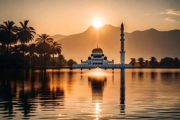 A mosque in the middle of a lake with the sun setting behind it