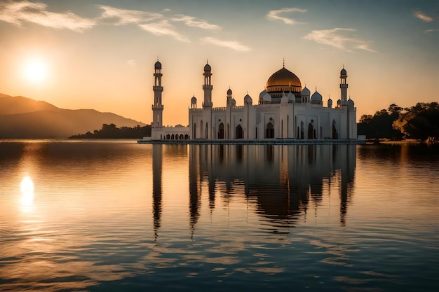 Photo a mosque in the middle of a lake with the sun setting behind it