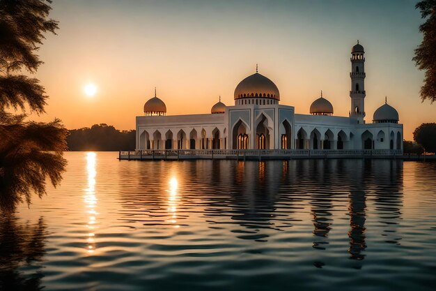 A mosque in the middle of a lake with the sun setting behind it