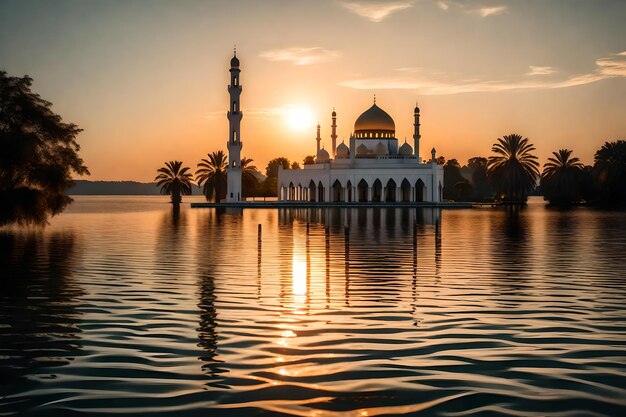 Foto una moschea al centro di un lago con il sole che tramonta dietro di essa