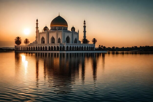 Photo a mosque in the middle of a lake with the sun setting behind it