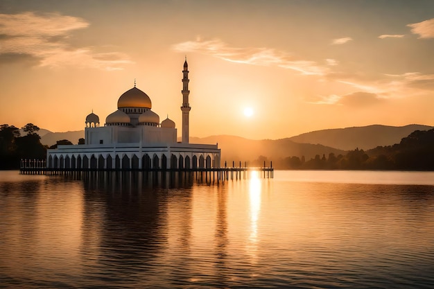 A mosque in the middle of a lake with the sun setting behind it