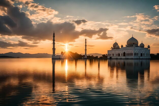 Photo a mosque in the middle of a lake with the sun setting behind it