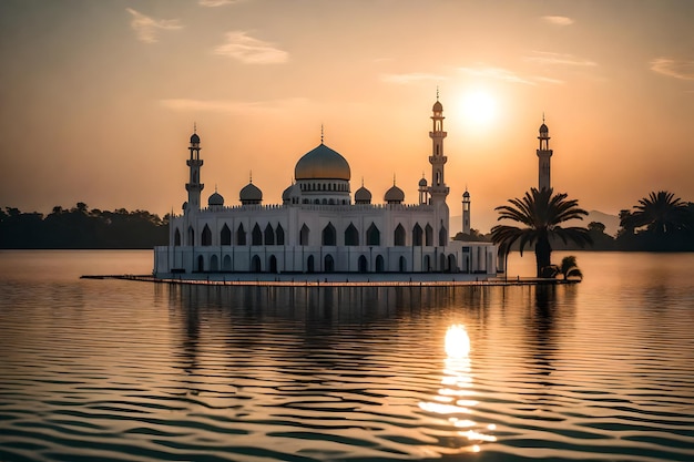 A mosque in the middle of a lake with the sun setting behind it