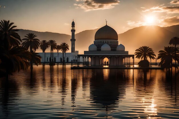 A mosque in the middle of a lake with the sun setting behind it