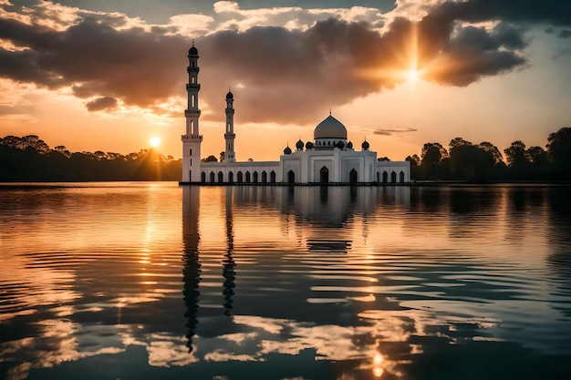 A mosque in the middle of a lake with the sun setting behind it